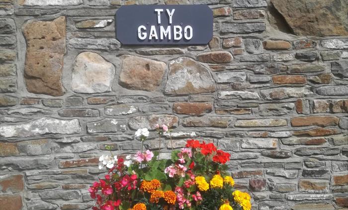 A close-up view of the Ty Gambo cottage name plaque mounted on traditional Welsh stonework, with a colourful flower planter below.